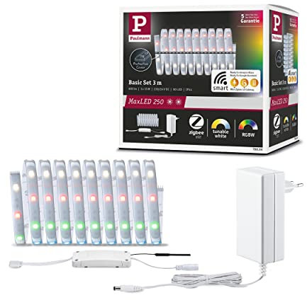 Paulmann 78866 LED Stripe MaxLED 250 Basisset Smart Home Zigbee 3m IP44 15W 600lm 30LEDs/m RGBW+ 36VA dimmbar Silber Kunststoff