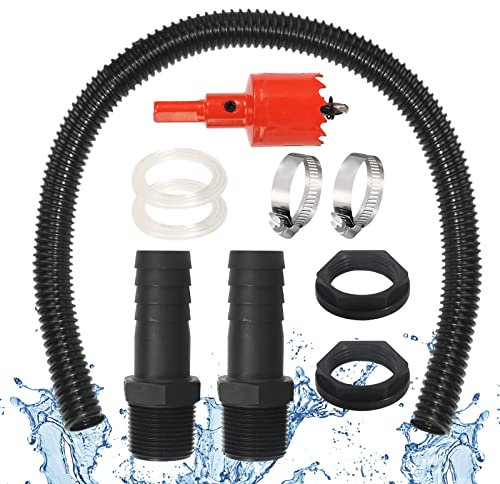 Regentonnen Verbindungsset, 2 Regentonnendurchführung 1 Zoll mit Schlauchtülle 100 cm Verbindungsschlauch 25mm und Lochöffner, 2 Schlauchschellen Regentonnen Verbinder Set für Regenwasser Tonnen