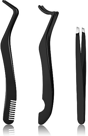 simarro 3 Pcs Eyelash Applicator Tool Set, False Eyelashes Applicator Tool Remover Clip, Professional Eyelashes Tweezers Curved Eyelash Eyebrow Curler for Beginners Makeup Artists (Black)