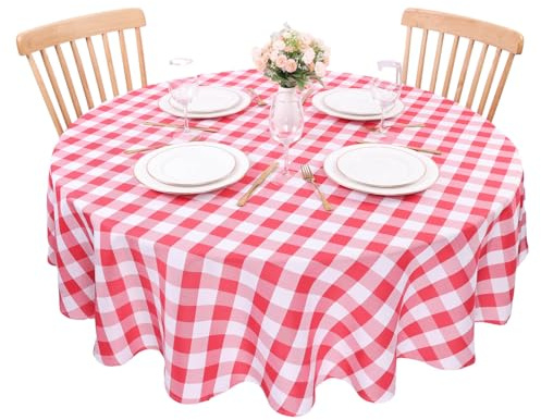 Kesfey Nappe Ronde à Carreaux Rouge en Polyester, 60 Pouces à Carreaux Plaid Nappe Carreautée Ronde, Anti-Taches et sans Plis pour Usage Intérieur et Extérieur, Essuyable