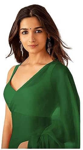 Sidhidata Sari uni en georgette pur avec chemisier non cousu (Rocky Aur Rani Ki Prem Kahani Alia Bhatt Saree), Vert bouteille, taille unique