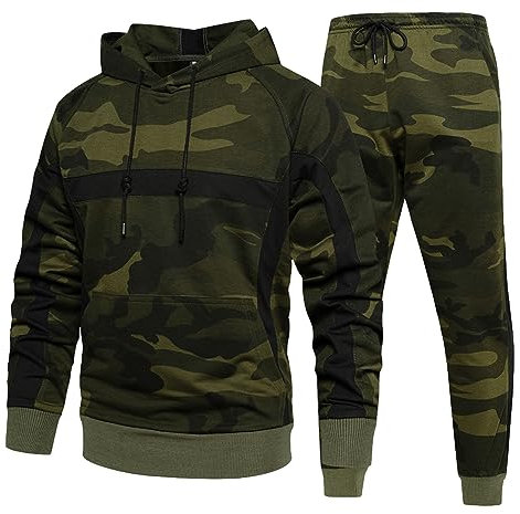 Jamron Herren Camouflage Trainingsanzug Set 2 Stück Kapuzenpullover und Jogginghosen Sportanzug Jogginganzug Streetwear Armeegrün XXL