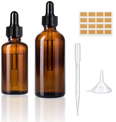 Voarge 2 Pack Amber Glass Bottle, 50ml 100ml Glass Bottle with Dropper Pipettes Refillable Sample Dropper Bottle for Essential Oil Massage Aromatherapy Eye Drops