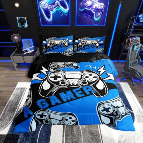 Erosebridal Gaming Bedding Sets for Boys Gamer Comforter Set Queen Size,Video Gaming Bedding Set Game Console Kids Comforter Sets 3Pcs Gamer Room Decor,Blue Black