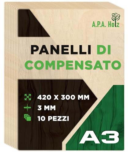 APA Holz Compensato di Betulla 3 mm, Foglio A3, Pannelli Multistrati di Betulla, Compensato Legno Qualità Professionale B/BB, Bricolage, Pirografia, Traforo, Legno da Decorare| 420x300 mm Pezzi 10