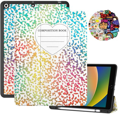 Cabreche Compatible with iPad 10.2 inch Case,9th /8th /7th Generation Case (2021/2020/2019) Pencil Holder Stickers Auto Sleep/Wake Cover Girls Women Cute Preppy Notebook Composition Book-Colorful