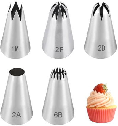 FURREN 5 Pezzi Beccucci Sac a Poche Grandi a Stella Punte Sac a Poche Professionali Beccucci in Acciaio Inox Bocchette Decorative Accessori Beccucci per Zeppole per Decorare Torte Crema Cupcake
