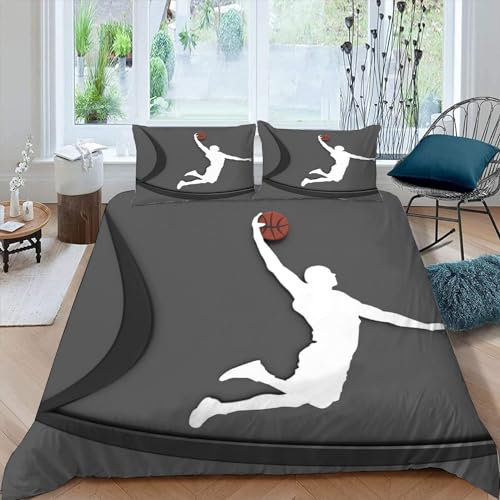 MEVASA Bettwäsche 135x200 Basketball Bettwäsche-Set 3 Teilig 3D-Druck Grau Bettbezug 135x200 mit Reißverschluss Weiche Mikrofaser Kinderbettwäsche mit 2 Kissenbezug