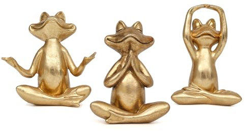 yumiaohe Goldene Frosch-Figuren, Yoga-Dekoration, 9,4 cm, Set mit 3 Frosch-Yoga-Statuen für Wohnzimmer, Schreibtisch, Tisch, Zuhause, Büro, Bücherregal, Regale, spirituelle Geschenke, moderne