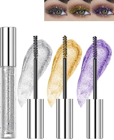 Glitter Mascara-3 Farben Gold Silber Lila 4D Glitzer Wimperntusche,Glänzende Diamant Langlebige Volumizing Curling Verlängerung Wimpern,Wischfester Schimmern Augen Makeup Für Frauen-Gold Silver Purple