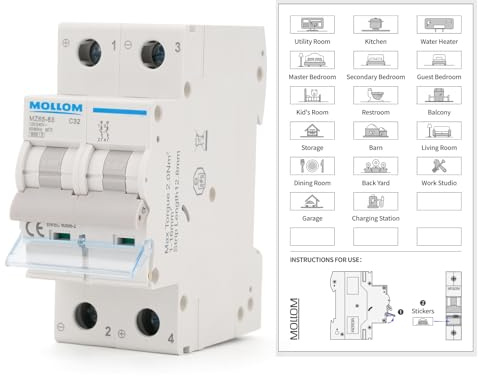 MOLLOM CA 2P 110-240V 32A C32 Disjoncteur miniature | Disjoncteur miniature sur mesure,déclenchement thermomagnétique,6 kA,système solaire CA,usage domestique,camping-cars