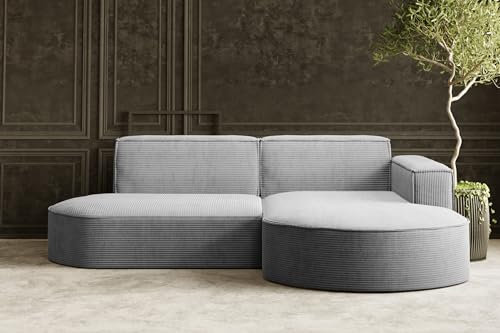 Kaiser Möbel, Ecksofa, Sofa Modena Studio Parma, Modern Design Couch, Polsterecke, Freistehend Sofa Wohnzimmer -Stoff Dicker Cord Poso Silber Rechts