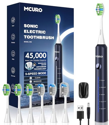 Elektrische Zahnbürste, Zahnbürste Elektrisch, Zahnbürste Für Empfindliche Personen, 45000VPM, 5 Modi, 6 DuPont-Bürstenköpfe, 120 Tage Akkulaufzeit, Batteriestandsanzeige, Timer, IPX7, Blau