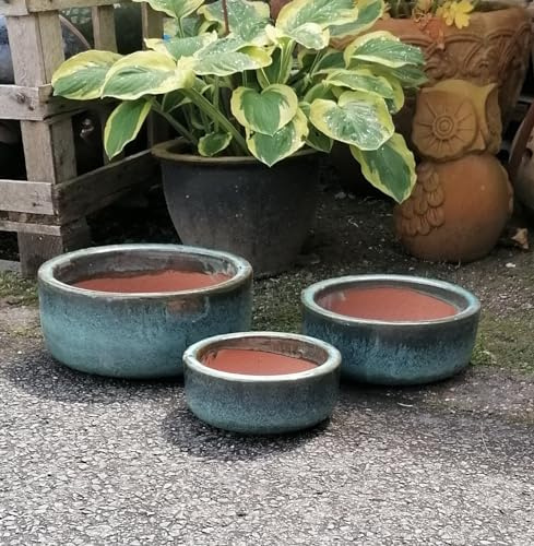 Generisch NEU !! Schönes Schlichtes 3er Set Pflanzschalen ø 18, 22 + 27 cm aus Steinzug grüngrau glasiert Pflanztopf Blumentopf Übertopf Garten Deko