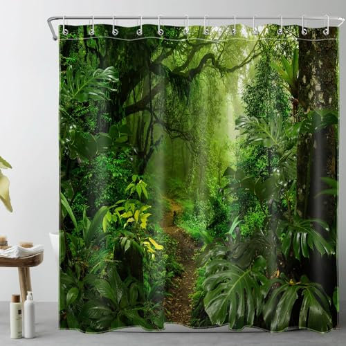 LB Tropenwald Duschvorhang 240x175cm(BxH) Grüne Bäume Pflanzen in den Bergen Antischimmel Wasserdicht Badezimmer Vorhänge, Natur Extra Breit Polyester Stoff Bad Vorhang mit Haken