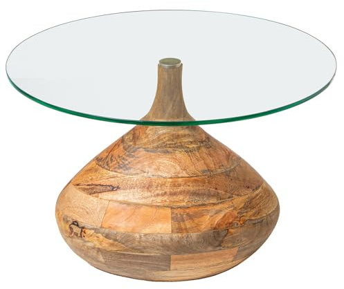DRW Mesa de Centro Redonda de Cristal y Madera en Transparente y Natural 57x57x39 cm