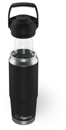 Flaskap FreePour System: dispensador de licor de 6 onzas y botella estilo soporte de taza de 26 onzas, vaso extraíble para bebidas bien mezcladas, tapa a prueba de fugas, vaso oculto