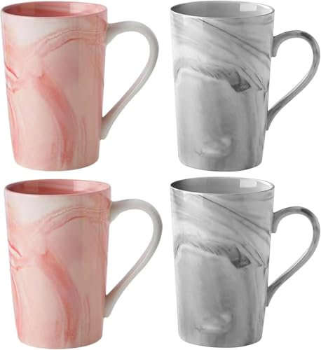 BEVKAF Ceramics Mugs, 350ml Marble Ceramic Cup for Home and Office, Microwave Dishwasher Safe, Set of 4 (Grey & Pink)