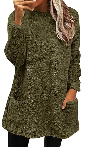 Generisch Black Friday Angebote 2024 Damen Pullover Damen Lang Teddy Fleece Flauschig Pulli Weich Winter Warm Sweatshirt Langarm Fleecepulli Plüsch Tops Oberteile Mit Taschen Festival Must Haves