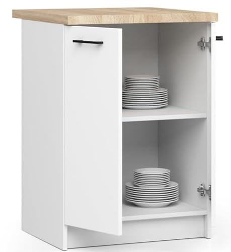 BDW - Küchenschrank Weiß - Schrank Küche mit Türen und Arbeitsplatte - Schrank 60 cm breit, 85 cm hoch - Küchenschränke Einzeln, Küchenmöbel Einzelteile