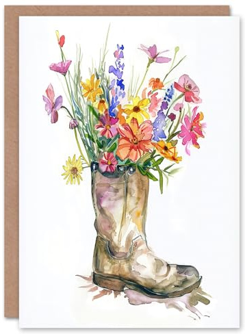 Artery8 Greeting Card Colourful Wildflower Bouquet in Army Boot Vase For Her Woman Birthday Card