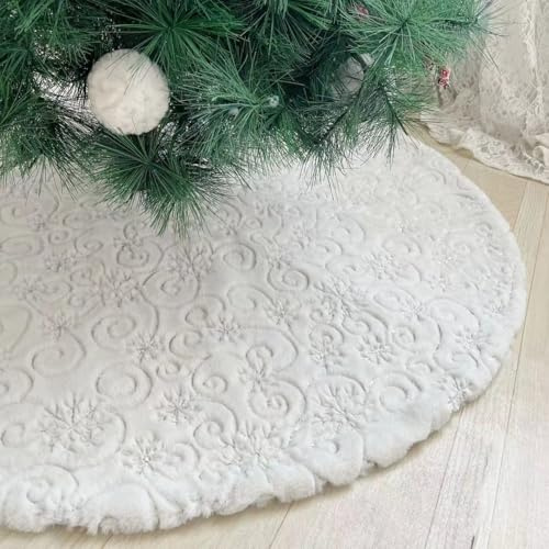 DecroXmas Christmas Tree Skirts 24 Inch White Plush with Snowflake Design Xmas Tree Base Cover Faux Fur Thick for Christmas New Year Party Holiday Decorations 60 cm