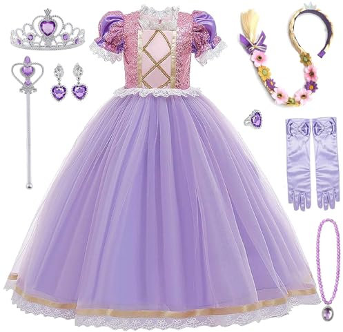 Fille Robe de Princesse Raiponce Costume Raiponce Enfant avec Accessoires Déguisement Raiponce Filles Anniversaire Fête Halloween Noël Partie Carnaval Cosplay Robe de Soirée,01-130