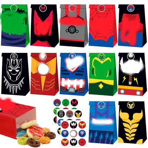 Super Geschenktüten Jungen 12Pcs Hero Papiertüten 18 Aufkleber Sticker Kinder Party Geschenktüte Mitgebsel Kindergeburtstag Candy Bar Süßigkeiten Tüten Geschenken Giveaways Party Bags Supplies