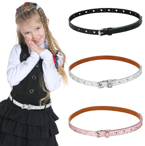 Scettar 3 Stück Dünner Glitzergürtel Für Mädchen, Verstellbarer PU Leder Kinder Skinny Gürtel, Schwarz Rosa Silber, 90 cm