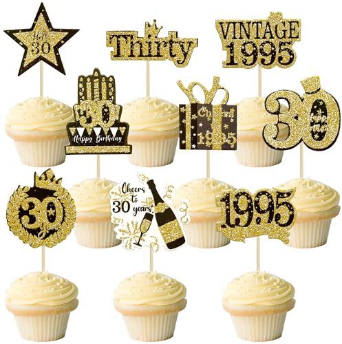 Gyufise 36Pcs Happy 30th Birthday Cupcake Toppers Glitter Black Gold Thirty Hello 30 Vintage 1995 Cupcake Picks Cheers to 30 Years 30 Fabulous Cake Decorations for 30th Birthday Party Supplies