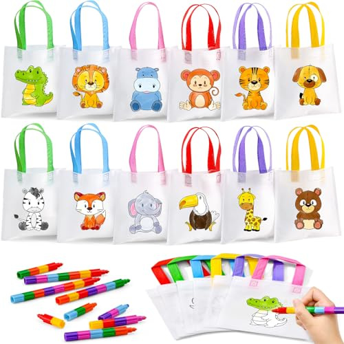 Toyssa 12Stk.Tier Stoffbeutel zum Bemalen, Tier Mitgebsel Kindergeburtstag | 12 Vliesbeutel Taschen zum Bemalen Stapelbare Wachsmalstifte.Tier Geschenktüten Gastgeschenk Taschen Malset Bastelset Kinder