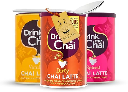 Chai Latte Powder Bundle Includes: Drink Me Spiced Latte, Drink Me Vanilla (250g each), Drink Me Dirty Chai Latte (200g) 1x each Instant Powder & 1x Little Spoon by Donny & Dev