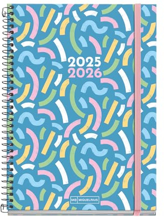 Miquelrius Schülerkalender 2025/2026, Planer von 10 Monaten: September bis Juni, Größe 155 x 215 mm, Tagesansicht, Spiralbindung aus Metall, Einband aus Karton, Gummiverschluss, Katalanisch-Englisch