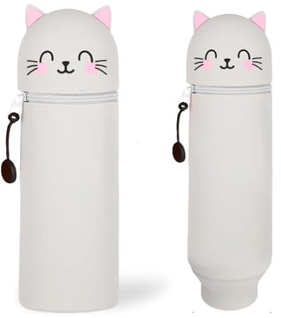 LINYIJOY Silikon Federmäppchen 2-in-1 Katze Kawaii Federmäppchen, Cartoon Federmäppchen Weiche Silikontasche Tier Stifthalter Stand Up Federmäppchen, Stifte Mäppchen für Mädchen Jungen (graue)