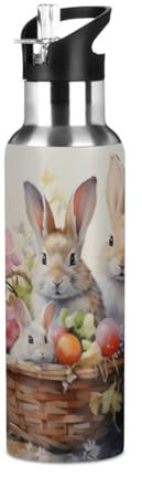 Woltant Panier de fleurs en forme de lapin - Bouteille d'eau isotherme en acier inoxydable - 600 ml - Bouteille d'eau de sport avec paille anti-fuite pour le travail, les voyages, la salle de sport