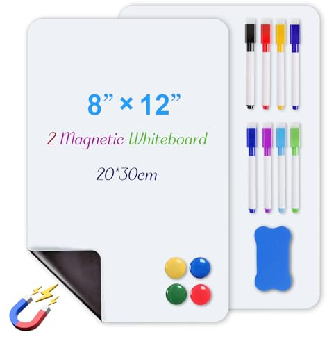 Yeqqzq 2 Pack A4 Magnetic Whiteboard, Kitchen Fridge White Board with 8 Pens, 1 Magnetic Eraser and 4 Fridge Magnets, Whiteboard Film Stick on Wall for Office, Home, School