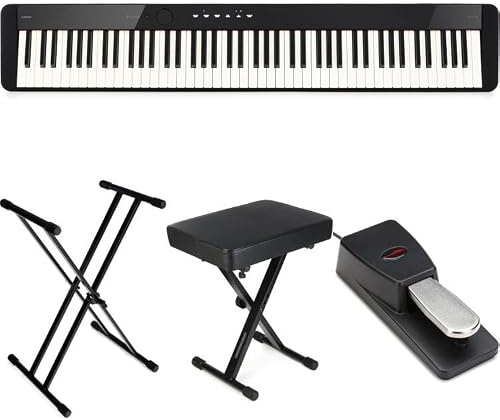 Casio Privia PX-S1100 Digitalpiano-Bundle – Schwarz | Schlankes Design, gewichtete Tasten, Bluetooth-Konnektivität | Inklusive Ständer, Bank und Pedal | Perfekt für Anfänger und Profis