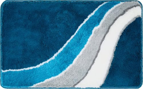Erwin Müller Badematte Veria mit Wellenmuster Petrol-Creme Größe 60x100 cm - flauschig weicher Flor, Untersete rutschhemmend, für Fußbodenheizung geeignet