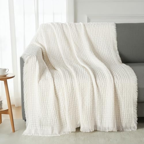 Exclusivo Mezcla Kuscheldecke Strickdecke mit Fransen, Weiche und Leichte Tagesdecke Bettüberwurf mit strukturierter Optik für Sommer, 150x200 cm, Elfenbein