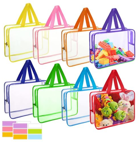 Punklong 8 Pack Clear Toy Storage Bags with Handles and Name Tag,Toy Bag with zip bags for toys,11.8x8.6x3.9 inch for Storage Board Game, Building Blocks, Puzzles