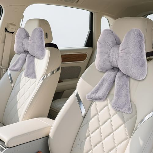 iHUFeather Bow Car Headrest Pillows Plush Car Neck Pillows for Travel Driving Office Chair Head Support Cushions, Also Cute Car Decor Accessories (2PCS Grey)