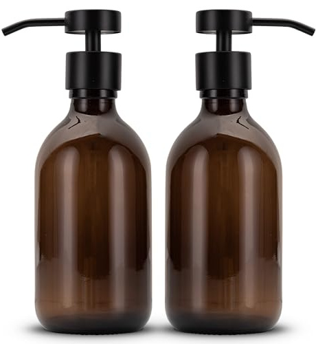 Koffs Design Glas Seifenspender für Badezimmer und Küche - Flüssigseifenspender aus Braunglas – modern - Pumpspender für Seife, Spülmittel & Handcreme - Spüli Spender - Blanko 2 Stück
