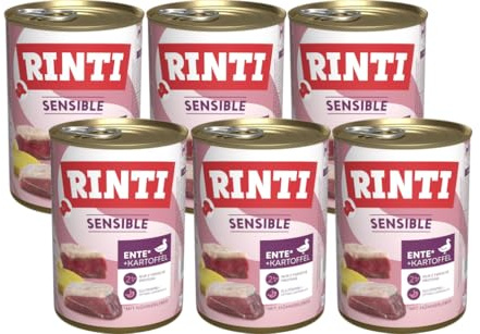Rinti Sensible Ente, Hühnerleber + Kartoffel 6 x 400g | Hypoallergenes Nassfutter für Sensible Hunde | Getreidefrei, glutenfrei, ohne Soja | Nur 2 Proteinquellen | Hochwertige Vollnahrung