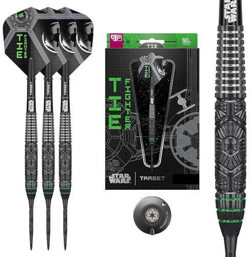 Target Darts Star Wars Tie Fighter-Steeldarts aus 90% Tungsten, 23 g/24 g/25 g | Schwarze Onyx Swiss Storm Points, Pro Grip-Schäfte, Tie Fighter Pro Ultra-Flights No. 6 und Swiss Point-Tool