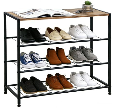 ZOESTORAGE Schuhregal, Schuhregal 4 Ebenen mit Sitzgelegenheit, Metall-Schuhablage für Kleiderschrank, Flur, Eingangsbereich, Wohnzimmer, 60 x 30 x 63 cm, Rustikalbraun