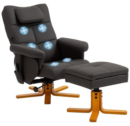 HOMCOM Massagesessel mit Fußstütze, 135° verstellbare Rückenlehne, Braun | Entspannungssessel, Aufbewahrungsbox, Kopfstütze, Fernbedienung, Kunststoffbezug