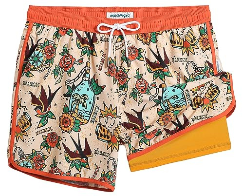MaaMgic Short de bain pour homme - Style rétro vintage - Avec compression - Pantalon intérieur 2 en 1 - Séchage rapide - 4 voies - Élastique et cordon de serrage réglable, XL