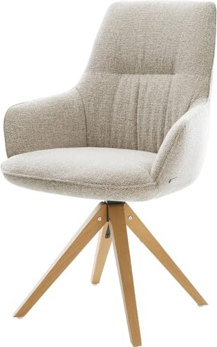 DELIFE Esszimmerstuhl Zelia-Flex mit Armlehnen Holzgestell kantig Natur Webstoff Soft Beige 180° drehbar Taschenfederkern