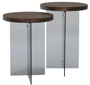 Hanah Home Modern Coffee Table Set (2 Pieces), Walnut & Dark Grey, 35 x 51 cm & 35 x 46 cm | 100% Tempered Glass & MDF Frame | Stylish & Functional for Living Spaces