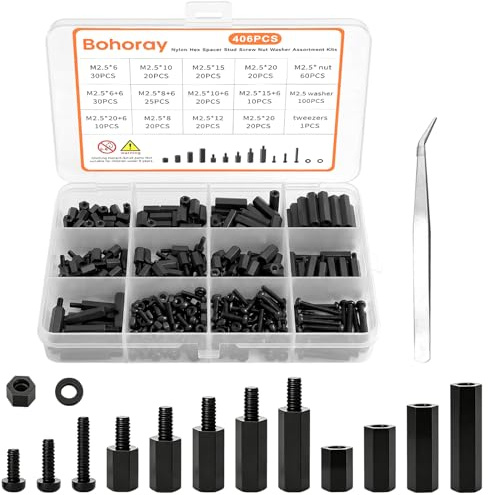 Bohoray 400Pcs M2.5 Male Female Nylon Hex Spacer Standoffs Screws Nuts, Assorted Black Nylon Threaded Pillars Set, Standoff Spacer Pillar Spacers Washers Assortment Kit, for PCB Board Motherboard